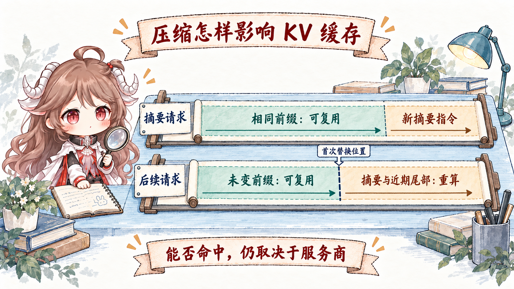 KV 缓存的两种影响：摘要请求重放相同前缀，让 provider 有机会复用缓存，再追加新指令；后续会话请求在首次替换位置之前仍可复用旧前缀，此后摘要与近期尾部需重新计算；实际命中取决于 provider 合同