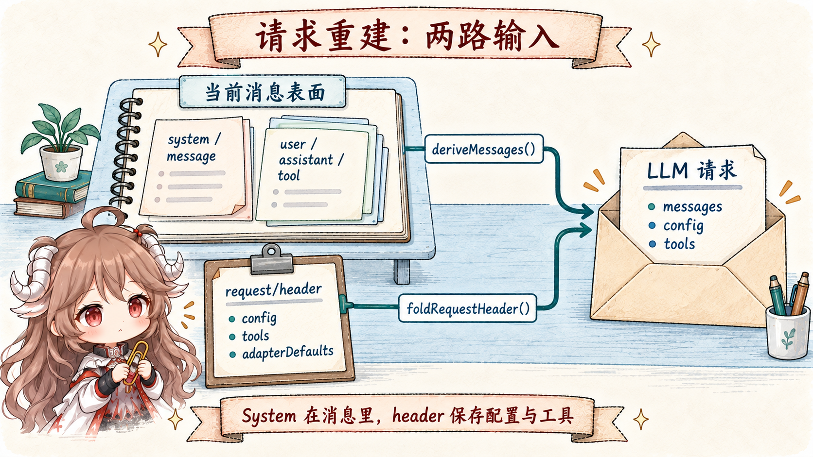 请求重建：current surface 的 system、user、assistant、tool 由 deriveMessages 产生 messages；request/header 经 foldRequestHeader 恢复 config、tools 与 adapterDefaults，再组合请求