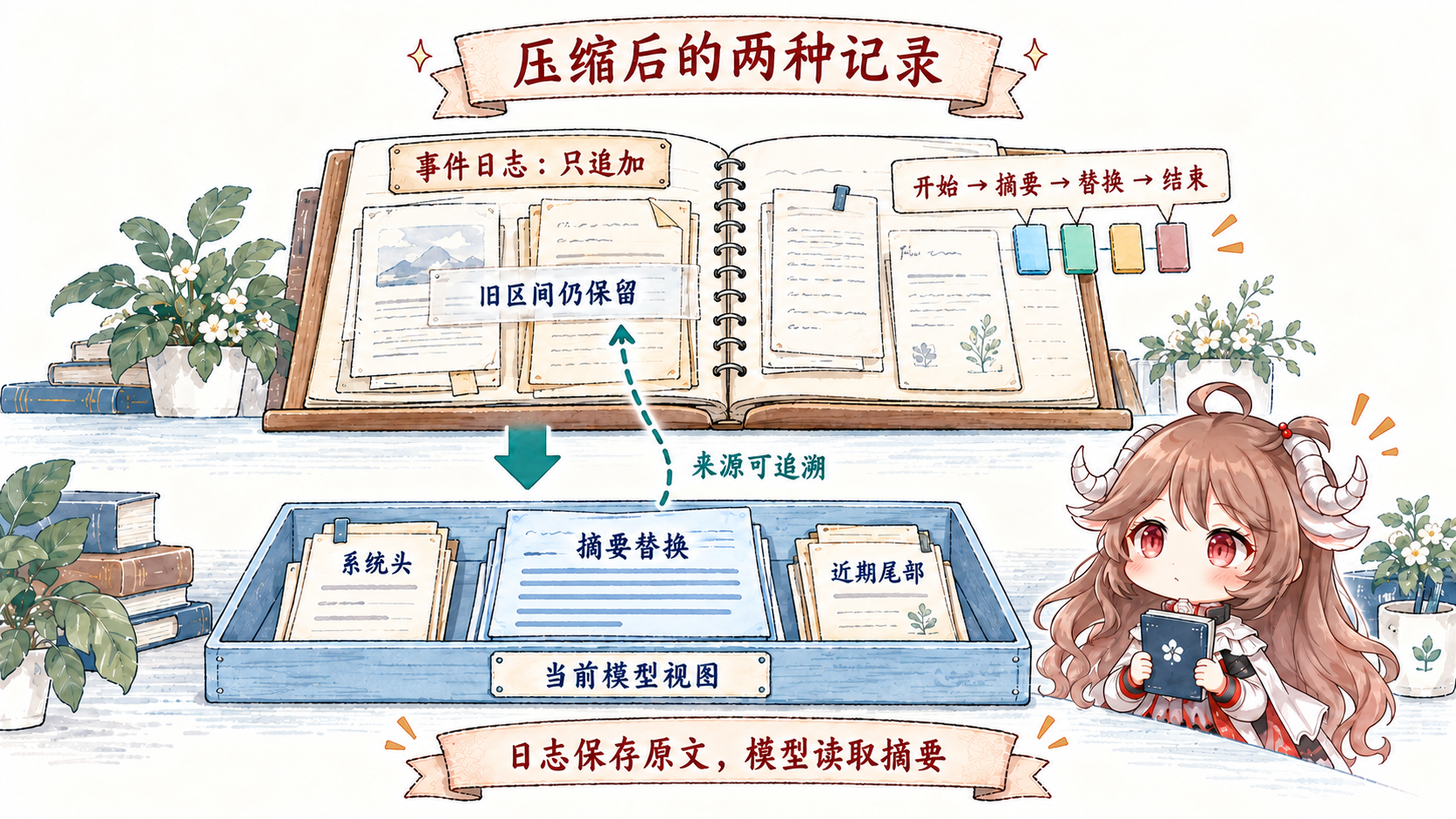 两条账本：append-only SessionEvent 日志保留旧 user、assistant、tool 事件和 compaction start、summary、replacement、end；current surface 遮蔽旧区间，让高 seq replacement 占据旧位置并保留 recent tail