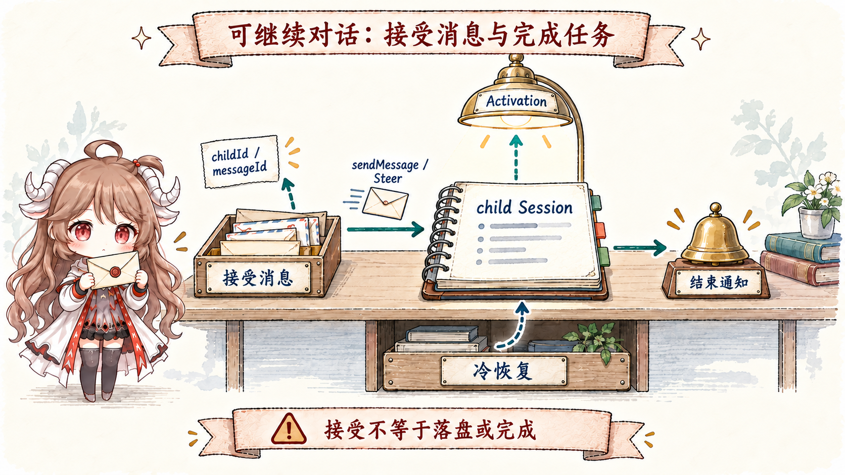 可继续 child 的接受回执、Session、Activation、sendMessage Steer、结束通知与冷恢复;接受消息不等于落盘或完成