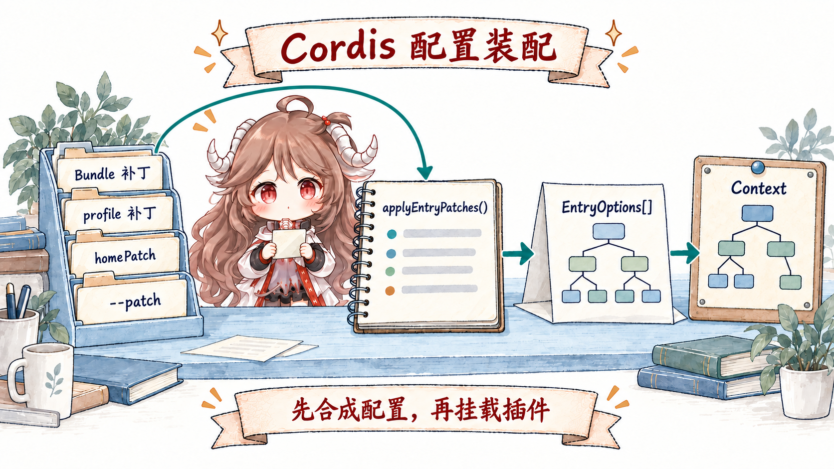 DeepSeek Harness Cordis 组合路线：Bundle 补丁、profile 补丁、homePatch 与命令行 patch 经 applyEntryPatches 合成 EntryOptions，再挂载为 Context 树