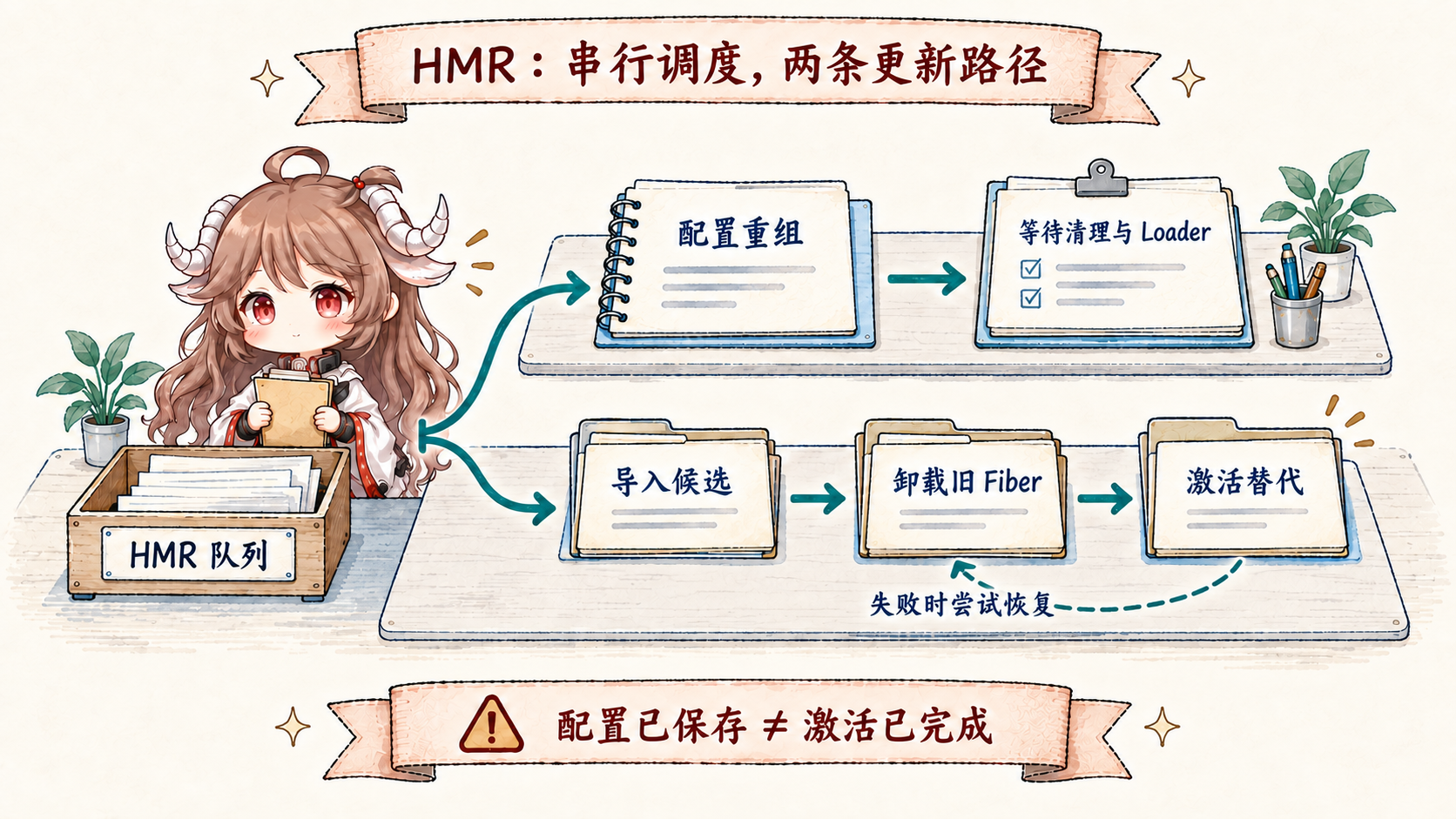 DSH HMR 将配置变更与模块变更放入同一队列：配置重组原 Include 后等待清理和 Loader；模块先导入候选，再卸载旧 Fiber 并激活替代，失败时尝试恢复旧实现