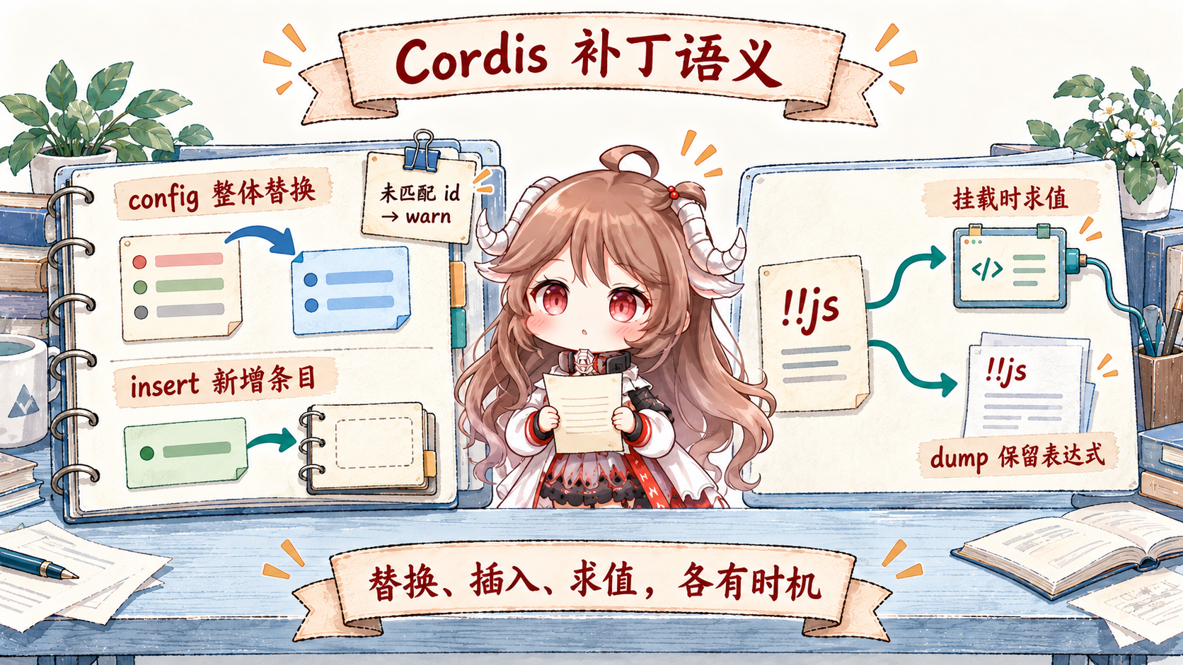 Cordis patch 语义：id 定位后 config 整体替换，insert 增加新条目，双感叹号 js 在挂载时求值，dump config 保留表达式，未匹配 id 进入 warning