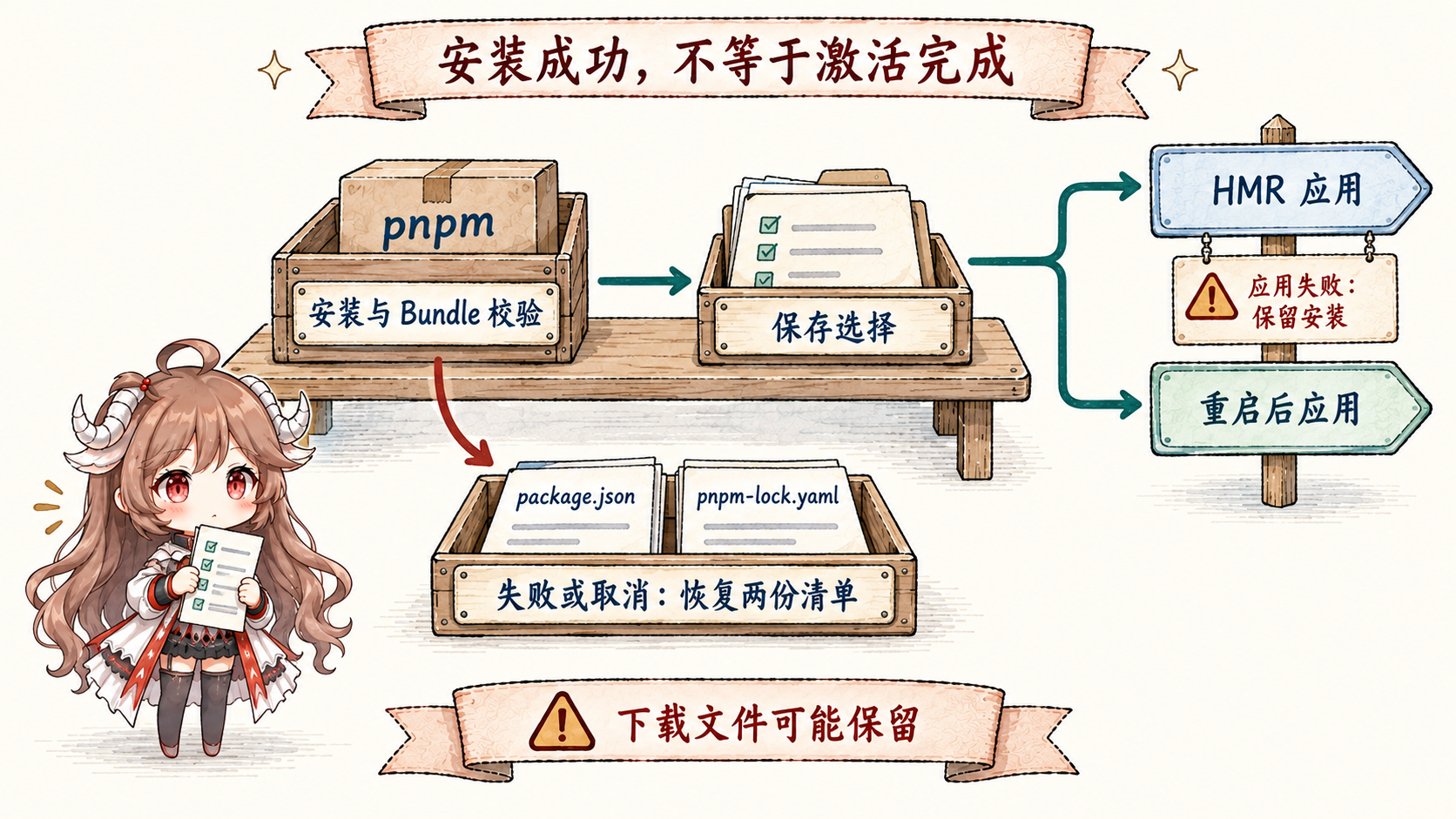 Bundle 安装台：先执行 pnpm 并验证 Bundle；安装失败恢复 manifest 和 lockfile，安装成功才保存选择并进入 HMR 或重启路径；应用失败不撤销成功安装