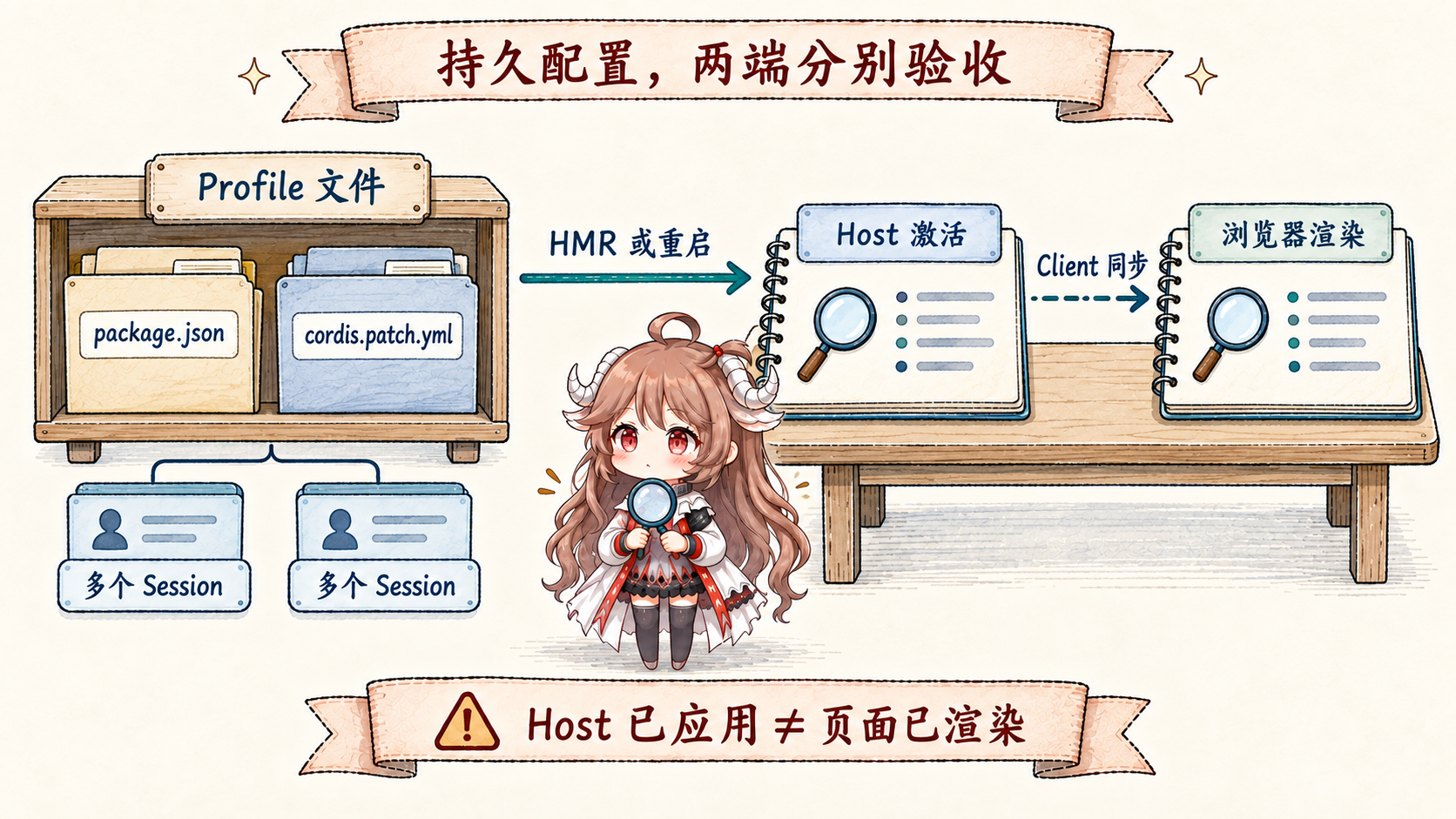 持久配置与两端观察：profile 文件经 HMR 或重启进入 Host Loader，管理结果描述 Host 激活；浏览器 Client 同步和实际渲染需要另行检查，配置影响该 profile 的所有会话