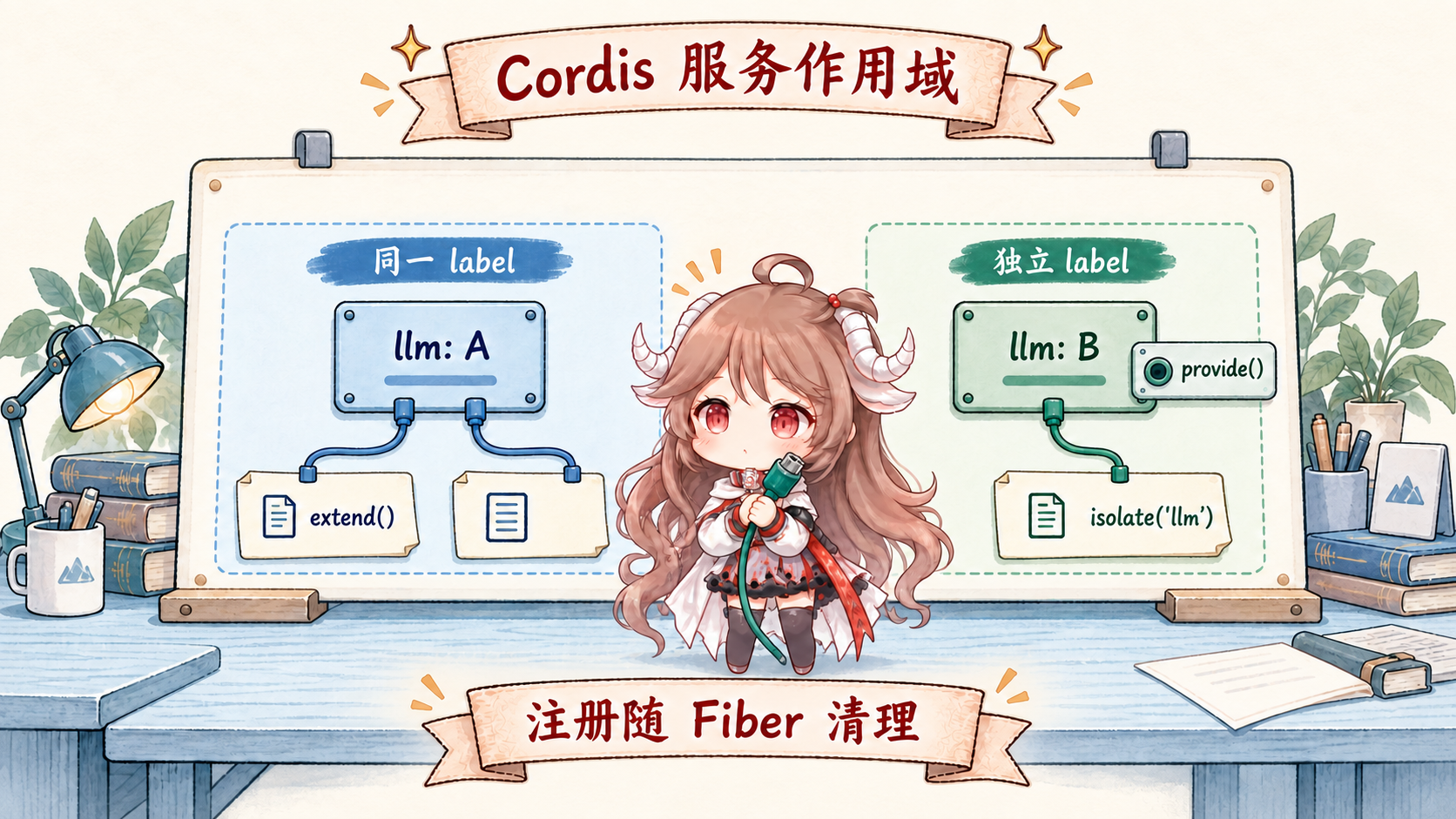 Cordis service 作用域：extend 沿用同一 label 解析到同一实现，isolate 为 llm 改用独立 label，通过 provide 注册另一个实现；注册随所属 Fiber 清理