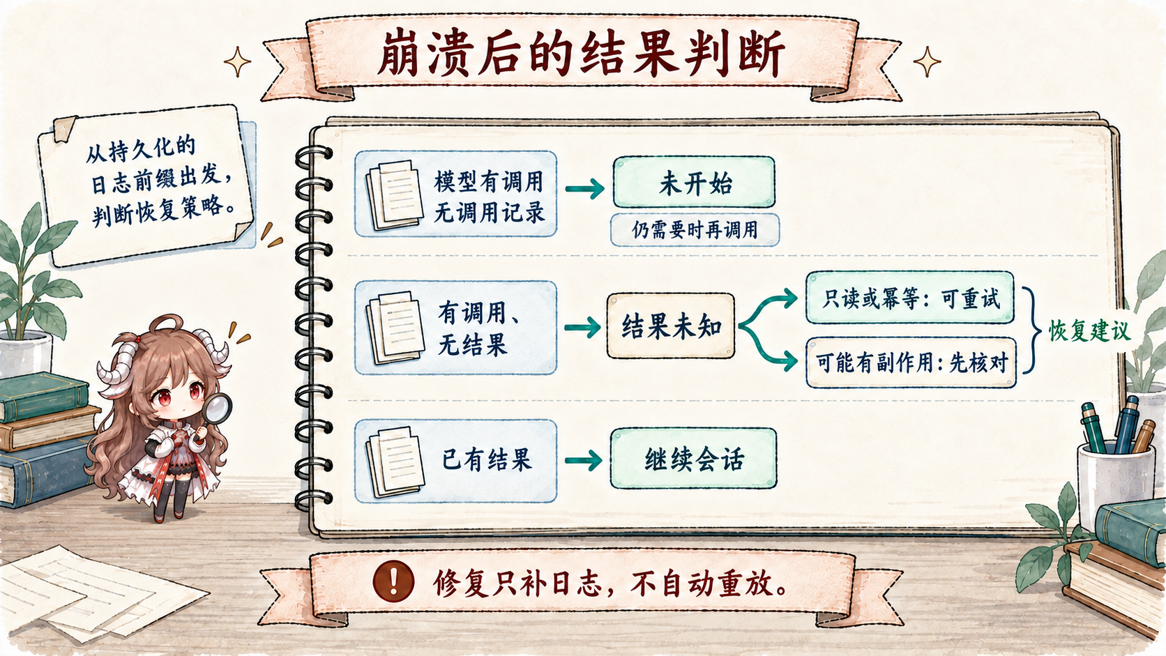 DeepSeek Harness crash outcome matrix:assistant 有调用但无 durable tool call 为 TOOL_NOT_STARTED,可按需重试;durable tool call 无 result 为 TOOL_OUTCOME_UNKNOWN,只读或幂等调用可考虑重试,否则先核验外部状态;修复不会自动重放;已有 durable result 则正常 resume