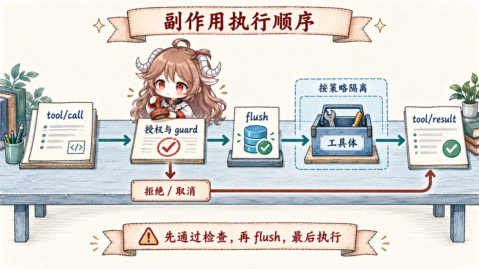 DeepSeek Harness 副作用治理主线：模型提出 tool call，Session 记录调用，pre-execute 与 guard 决策，通过后 flush，受限执行器约束工具体，最终记录 tool result 或进入 crash repair