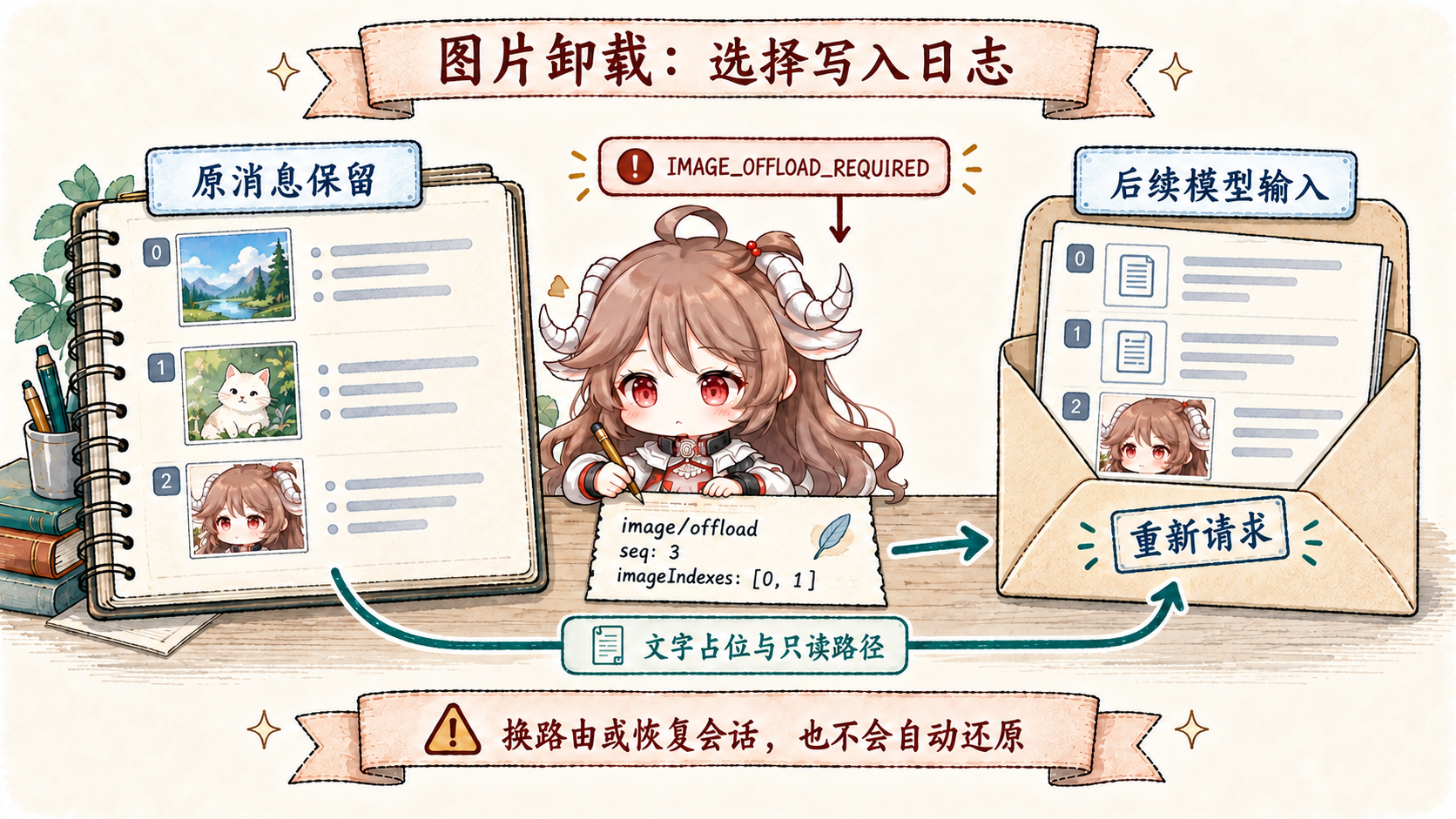 图片卸载：adapter 报告 IMAGE_OFFLOAD_REQUIRED 后，记录 image/offload 选择旧输入图片，后续请求用附件文字与只读路径替代这些图片，再尝试请求；原消息节点与日志仍保留