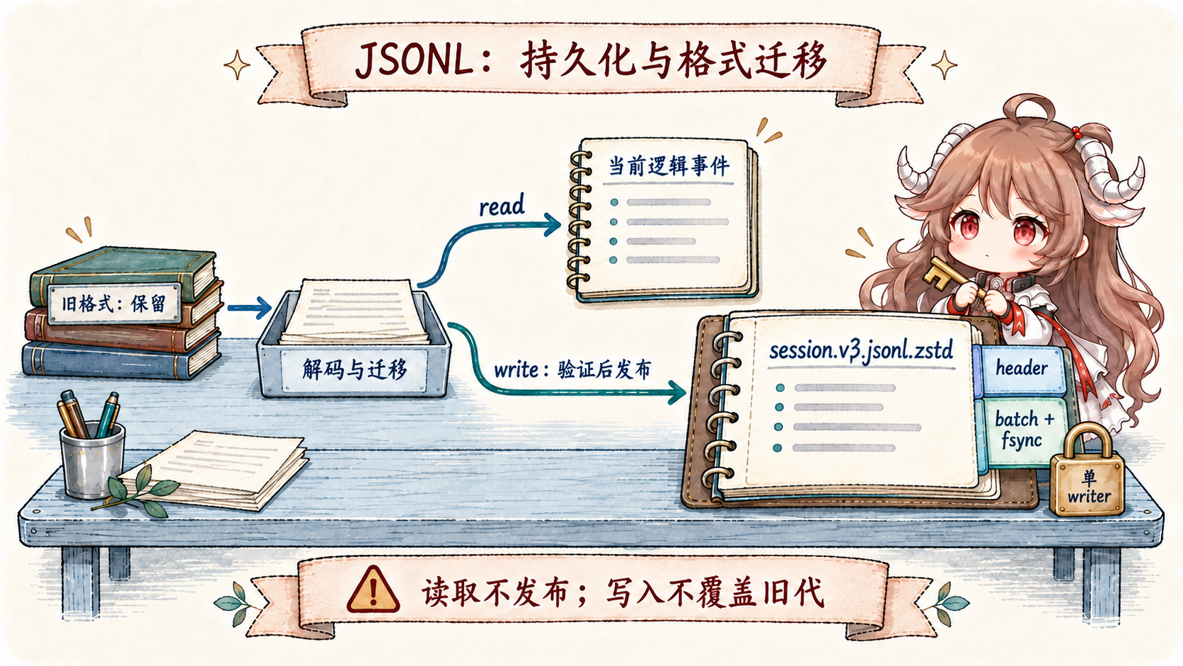 JSONL 当前 v3 日志:旧格式先解码迁移,read 只返回逻辑事件,write 验证后发布当前代;header 与 batch 独立编码,单 writer 持有写入权