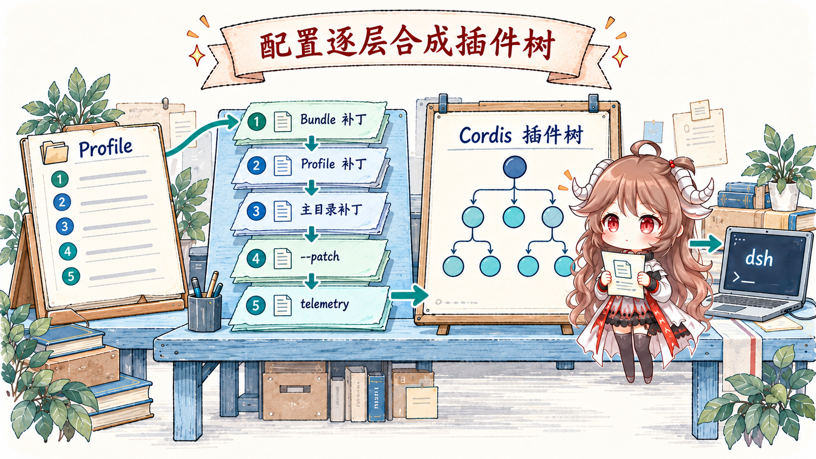 Profile 选择有序 Bundle，依次叠加 Bundle、Profile、主目录、命令行补丁及 telemetry 开关，合成为 Cordis 插件树
