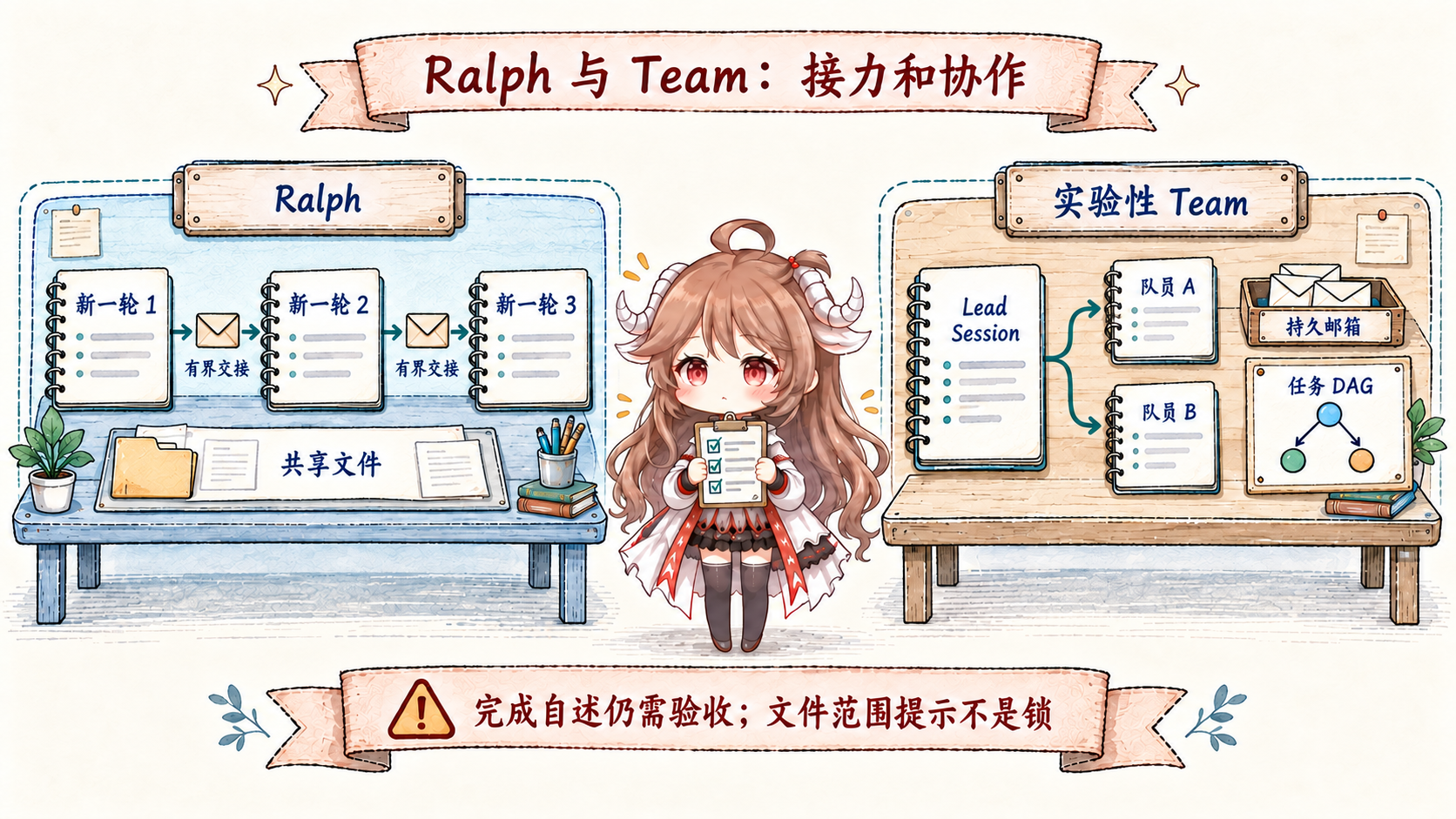 Ralph 用新一轮 child 和有界交接接力;实验性 Team 以 Lead Session、持久邮箱和任务 DAG 协作;完成自述需要验收,文件范围提示不是锁