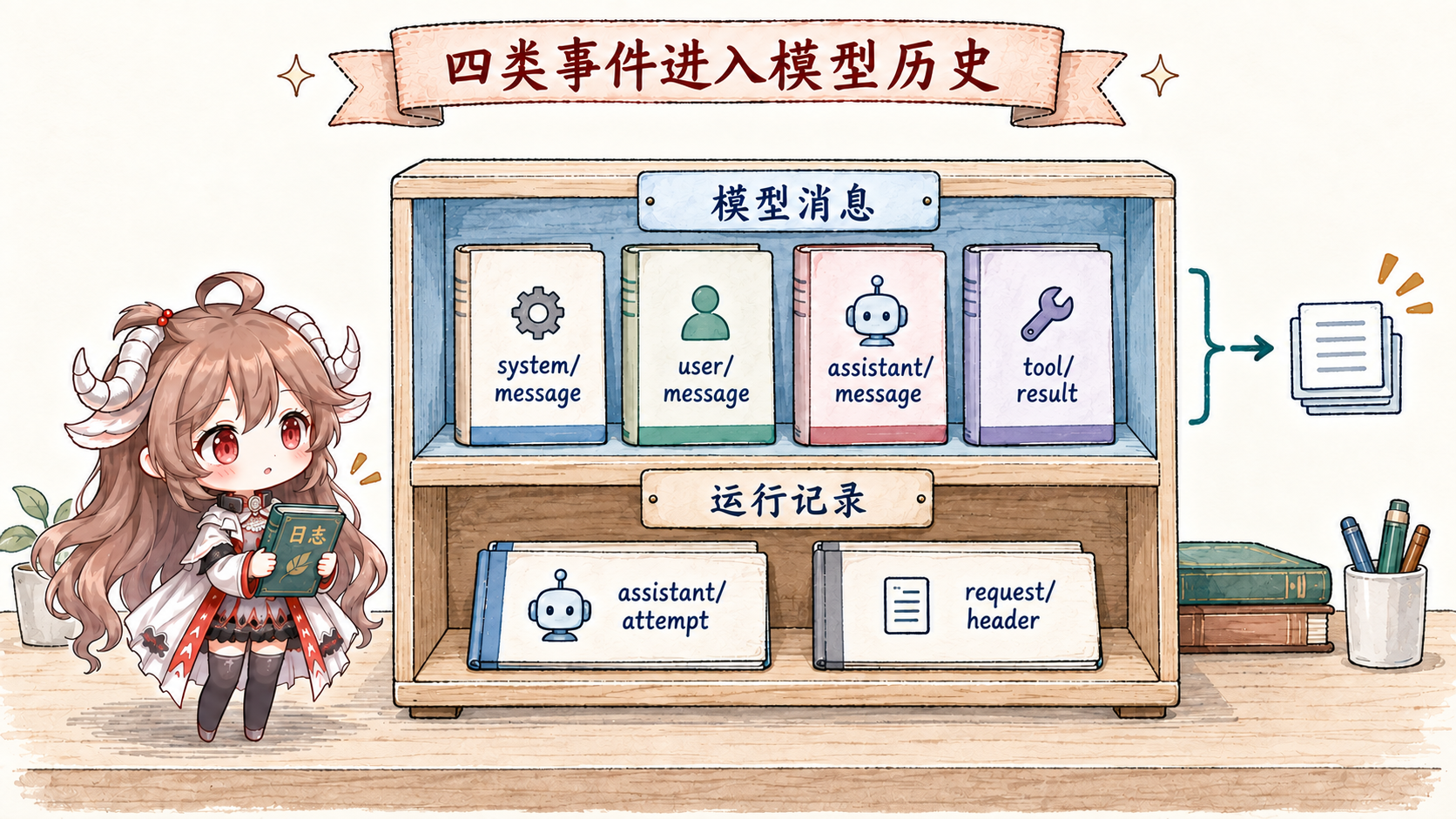 四种模型消息事件:system/message、user/message、assistant/message、tool/result;assistant/attempt 和 request/header 只记录运行事实