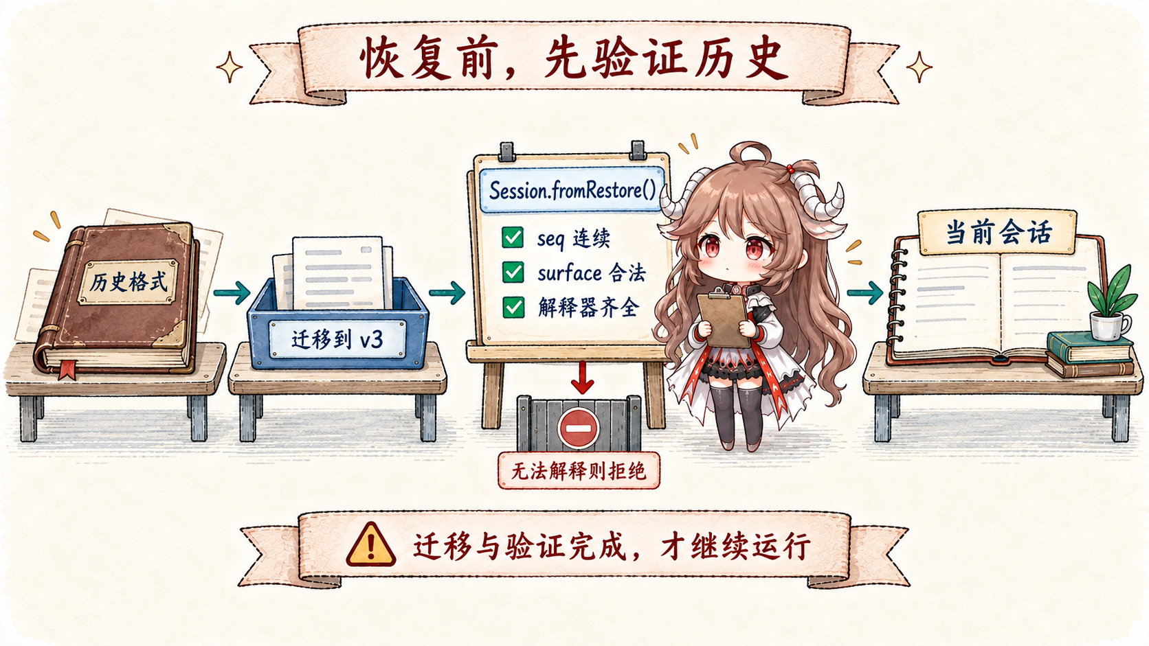 历史格式先迁移到 v3,再由 Session.fromRestore 验证连续 seq、合法 surface 和必要解释器;无法解释时拒绝继续运行
