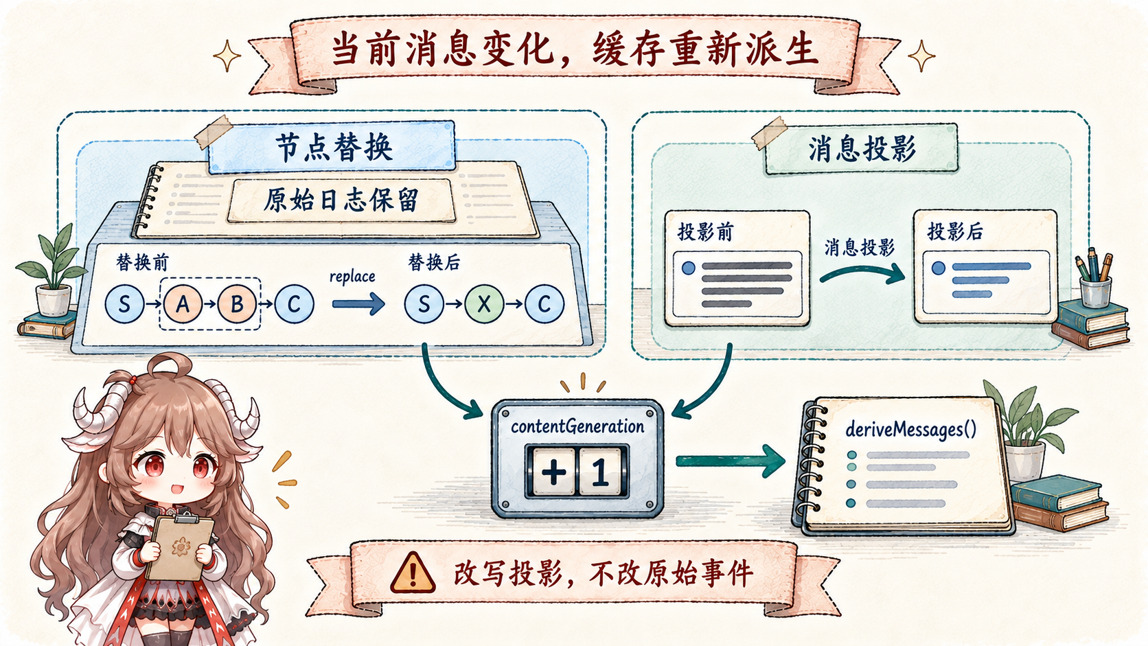 节点替换与插件消息投影分别增加 contentGeneration,触发 deriveMessages 重建;两条路径都保留原始事件,消息投影不改变节点成员