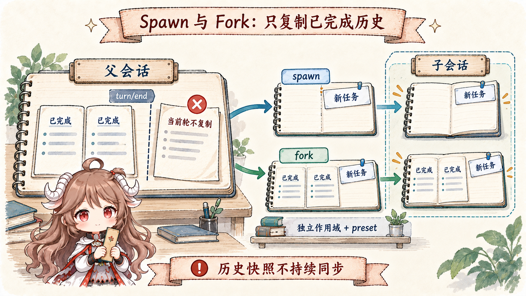 Spawn 使用空历史,fork 复制最后一个 turn/end 之前的完整历史并排除当前轮;各 child 有独立作用域与 preset 组合