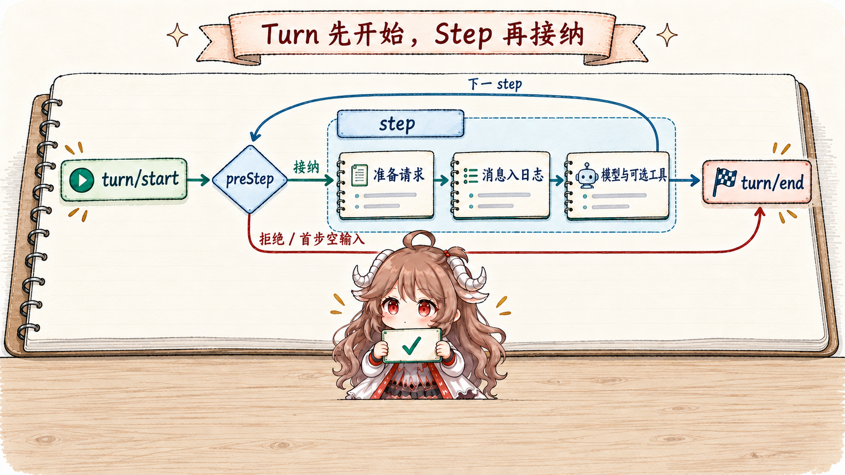 turn/start 先于 preStep 接纳；进入 step 后准备请求、写入消息、执行模型与可选工具；拒绝或首步空输入可直接 turn/end