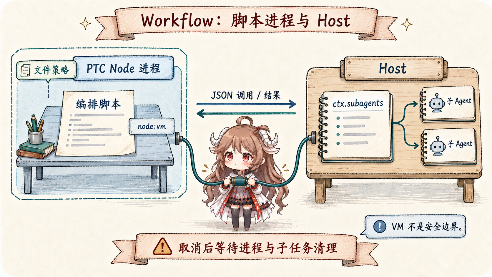 Workflow 脚本运行在受调用者文件策略约束的 PTC Node 进程,JSON 连接 Host 的 ctx.subagents;取消后等待进程与 child 清理