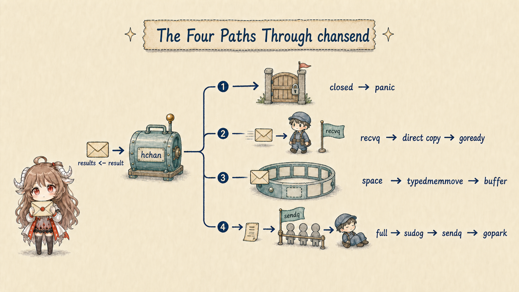 Four Go chansend source paths: panic when closed; copy directly to a waiting receiver and goready it; typedmemmove into an available ring-buffer slot; or create a sudog, enqueue in sendq, and gopark when full