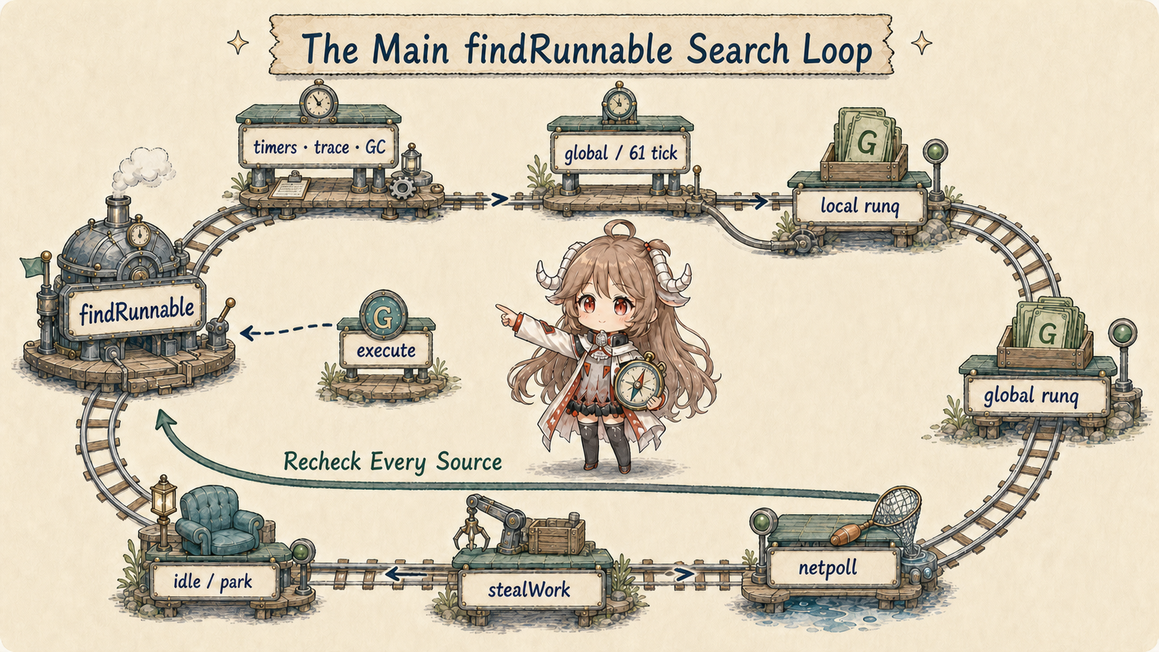 The main Go findRunnable search loop checks timers, trace, and GC plus a global fairness check every 61 ticks, then the local queue, ordinary global queue, netpoll, and stealWork; before idle and park it rechecks work sources
