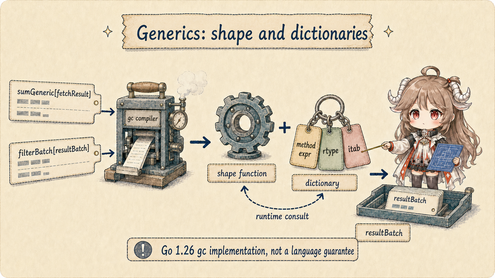 Go 1.26 gc generics implementation: concrete calls use a shared shape function and a dictionary containing method expressions, runtime types, and itabs; this is an implementation, not a language guarantee