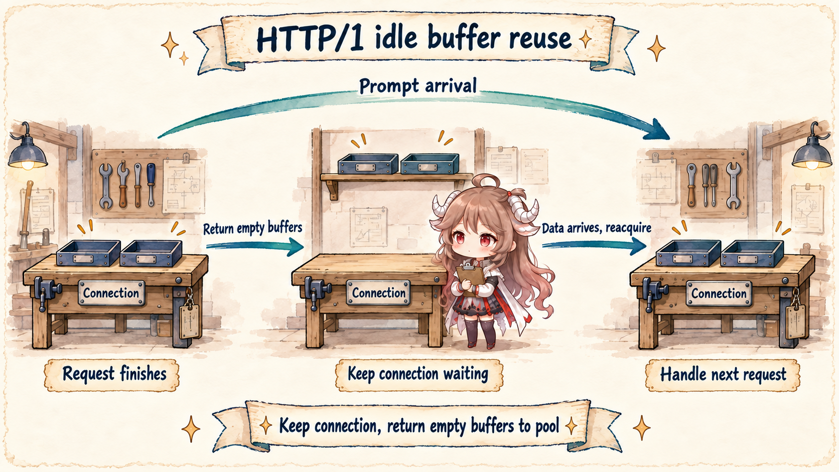 Three moments on one HTTP/1 server connection: prompt arrivals retain buffers; eligible idle connections return empty buffers while staying open; arriving data triggers buffer reacquisition