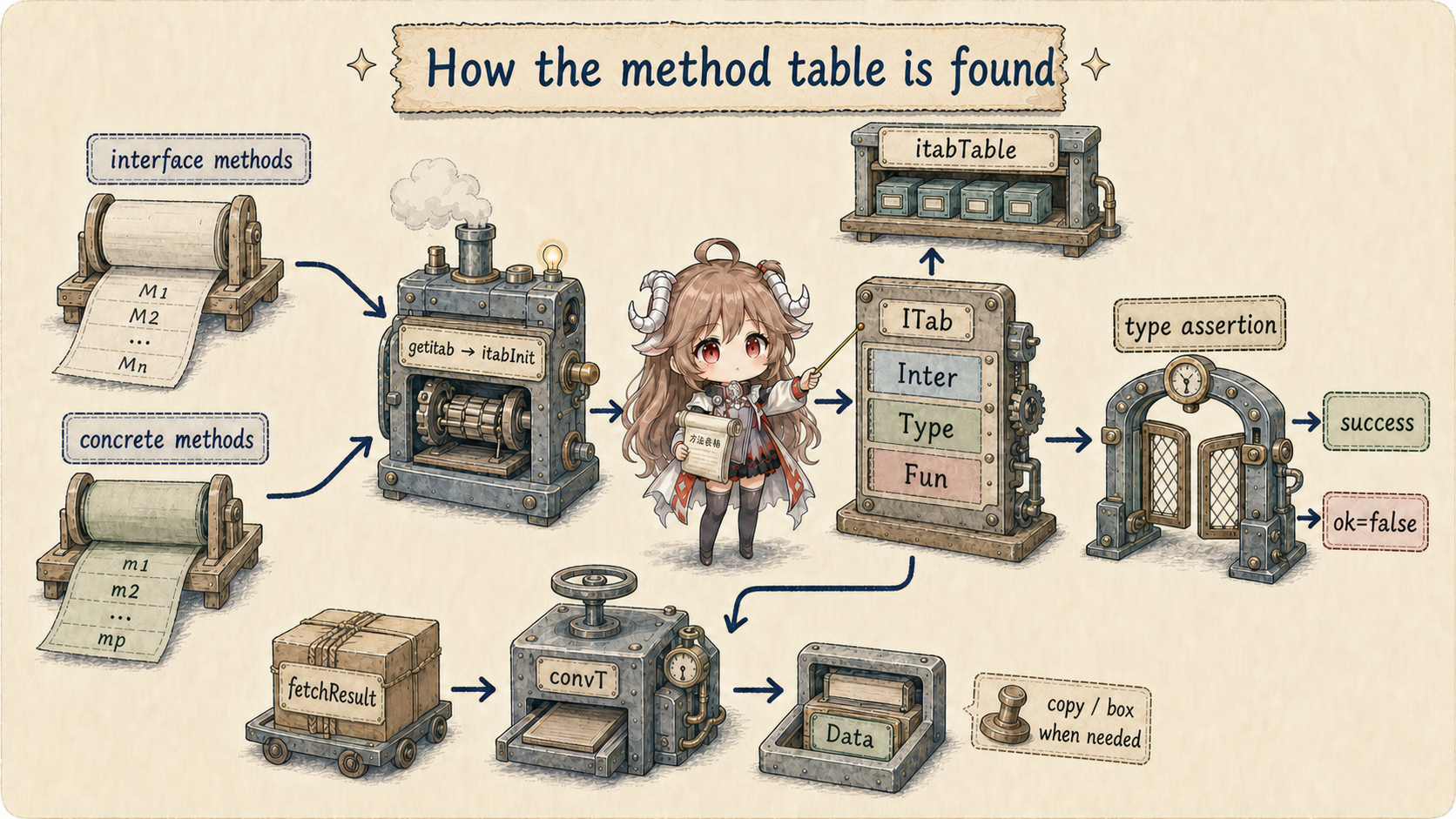 Go interface source path: getitab and itabInit match sorted methods and cache an ITab, convT prepares Data, and a type assertion checks the dynamic type