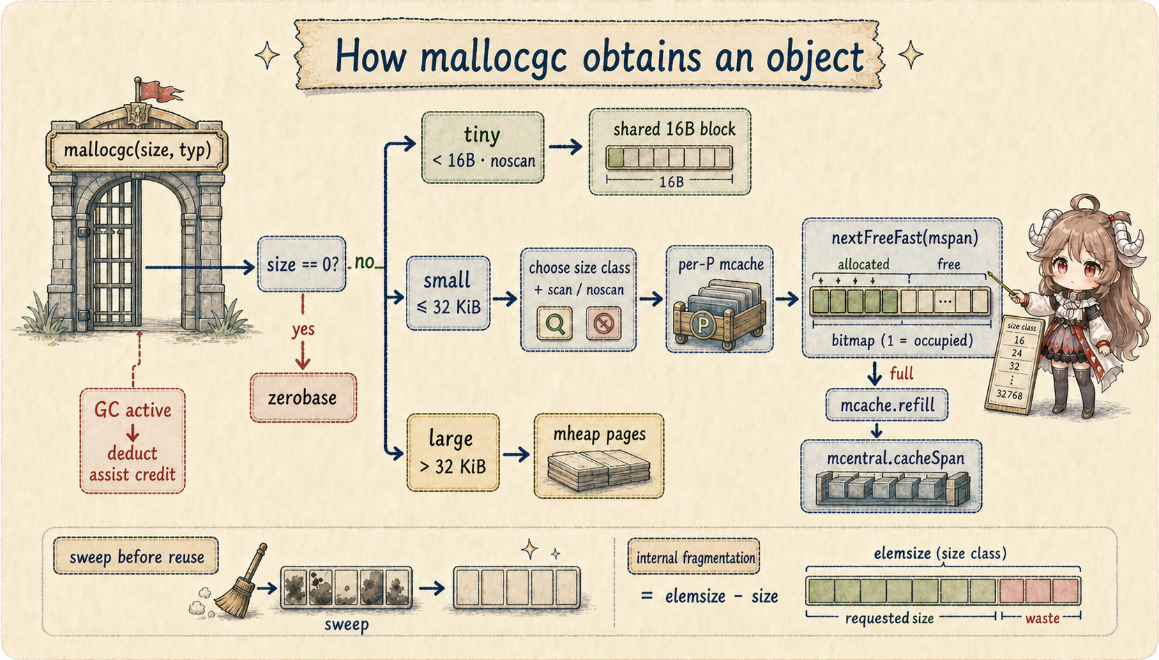 Go mallocgc allocation paths: zero-sized allocations use zerobase, tiny pointer-free values share a sixteen-byte block, small scan and noscan objects use size classes and per-P mcache spans, full spans refill through mcentral, and large values use mheap pages