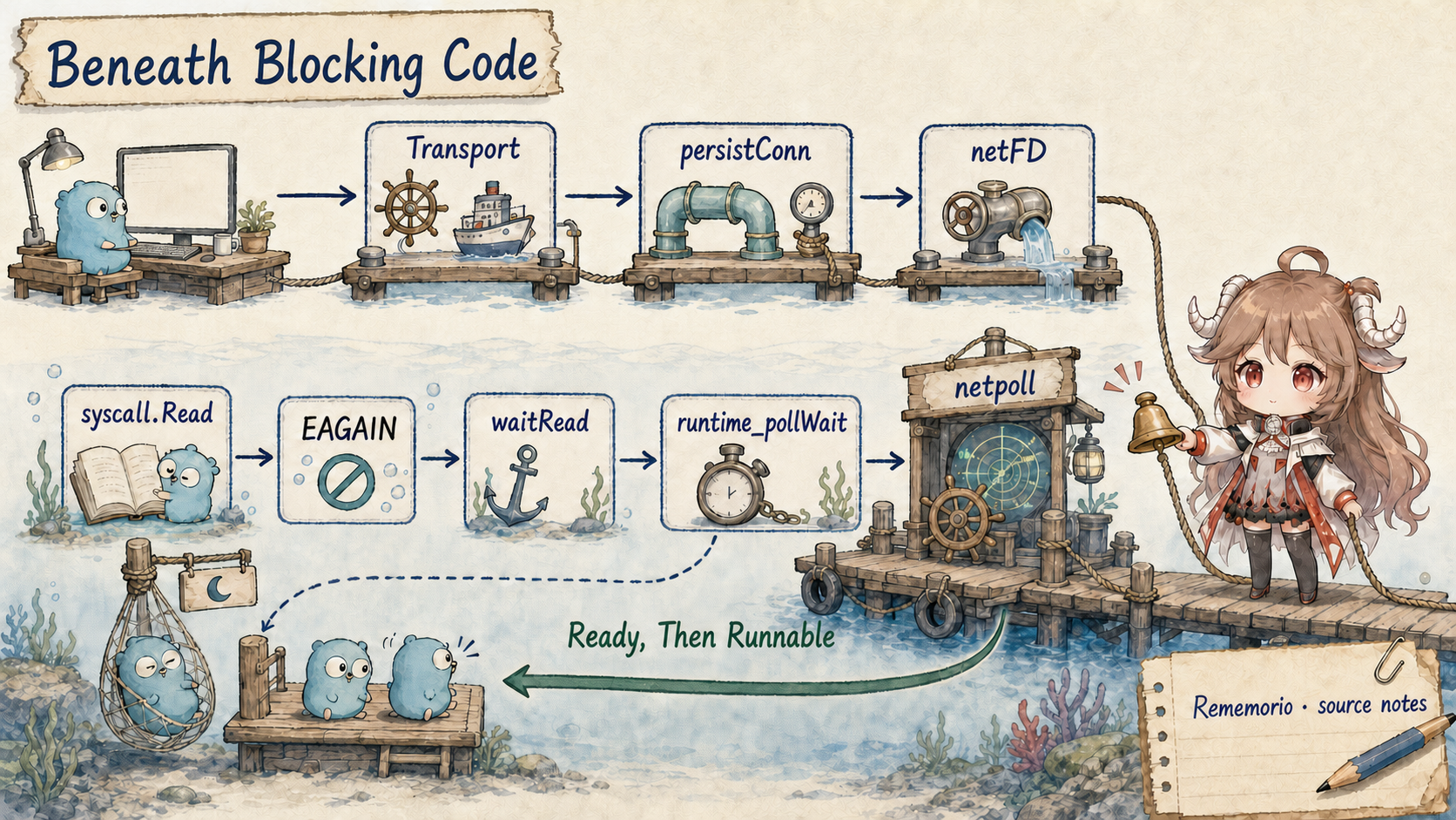 Outbound Go HTTP source route to netpoll: Transport reaches persistConn, netFD, and syscall.Read; EAGAIN enters waitRead and runtime_pollWait, parks the goroutine, and netpoll readiness later makes it runnable