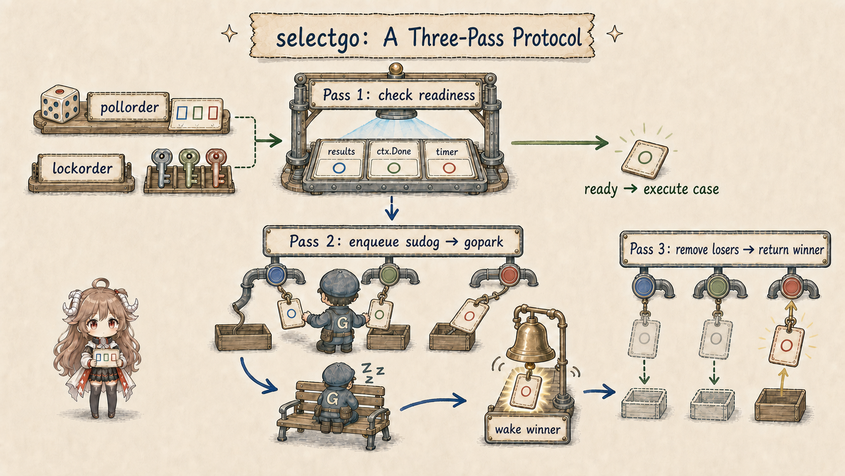 Go selectgo three-pass protocol: prepare randomized pollorder and lockorder sorted by hchan address; pass one looks for a ready case; if none, pass two enqueues one sudog for the same G on each channel and parks; after one case wins the wake-up, pass three removes losers and releases sudogs
