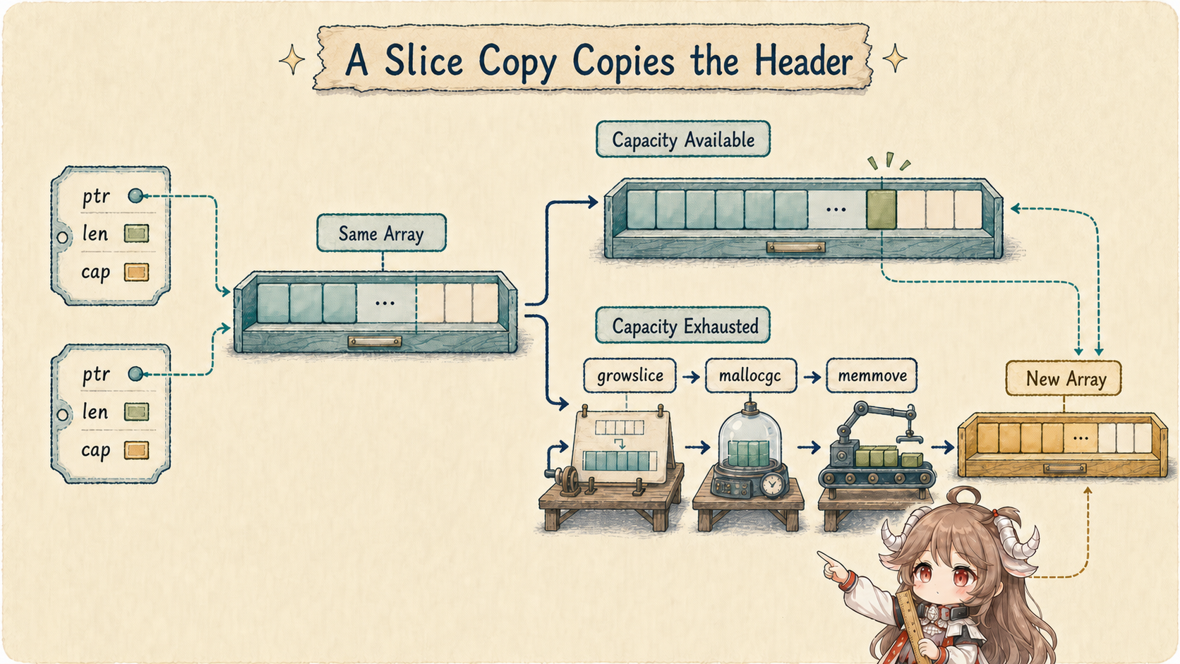 Slice copy and append ownership: two ptr len cap headers address one array; append keeps it when capacity is available, while growslice uses mallocgc and memmove to create a new array when capacity is exhausted