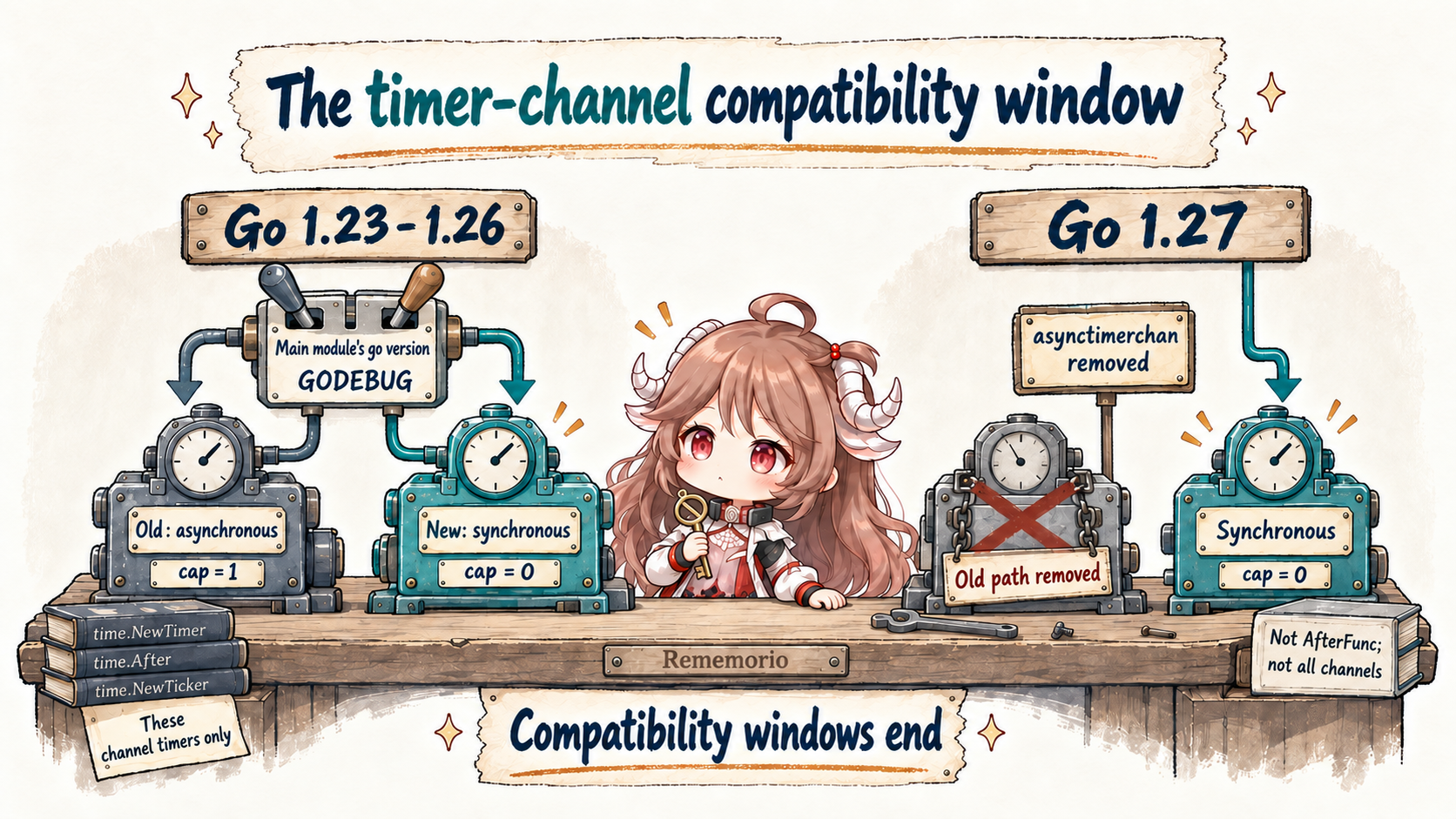 Timer compatibility window: main module go version and GODEBUG select old asynchronous or new synchronous semantics in Go 1.23–1.26; 1.27 removes the old path; this concerns timer channels, not AfterFunc or all channels