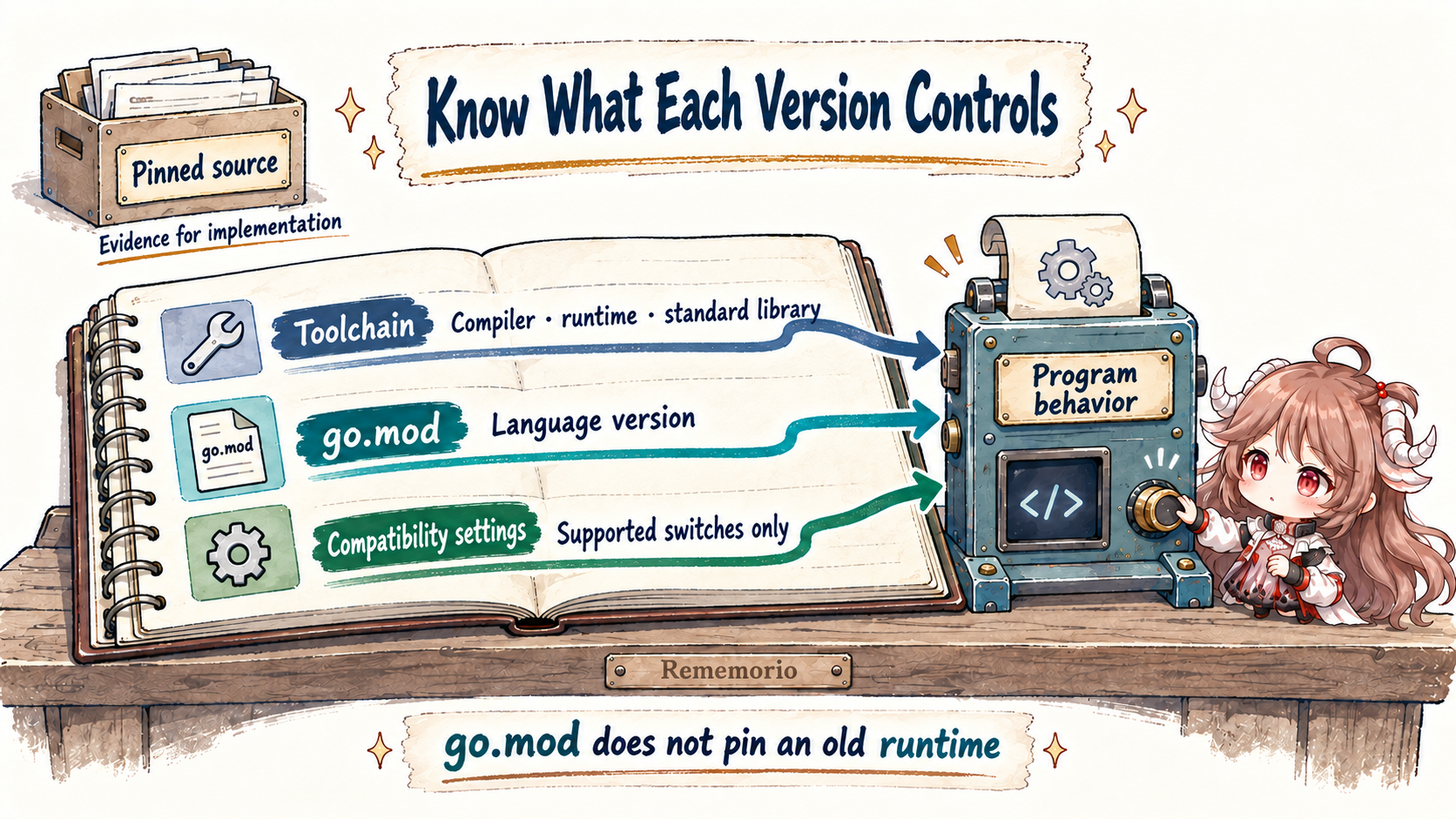 Three controls in one Go build: the actual toolchain supplies the implementation, module and file versions select language semantics, and the main module or workspace version plus explicit GODEBUG settings select certain compatibility behaviors