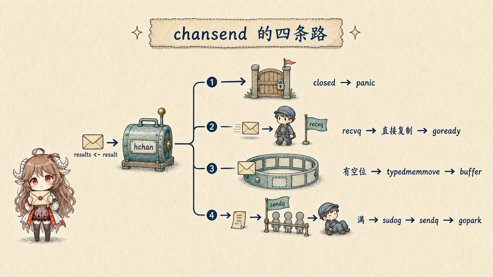 Go chansend 四条源码路径：关闭则 panic；有等待接收者则直接复制并 goready；缓冲有空位则 typedmemmove 到环形 buffer；缓冲满则创建 sudog、进入 sendq 并 gopark