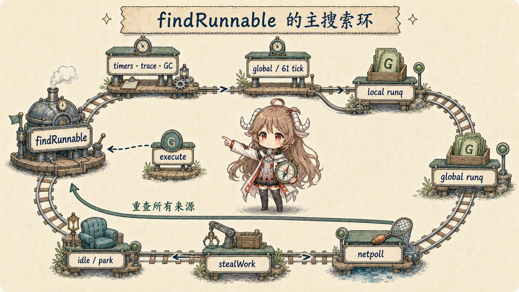 Go findRunnable 主搜索环:先处理 timers、trace 和 GC,以及每 61 tick 的全局公平检查,再查 local runq、普通 global runq、netpoll 与 stealWork;无工作时 idle/park,并在停放前重查来源