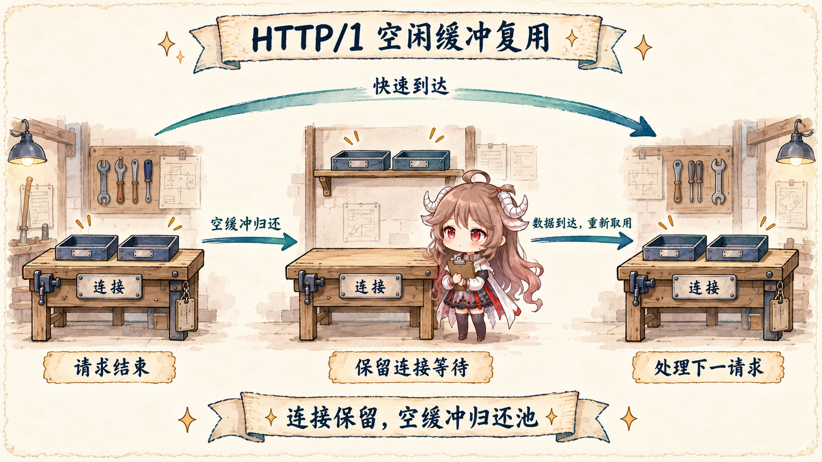 HTTP/1 服务端的空闲缓冲复用：请求快速到达时保留缓冲，符合空闲条件时归还空缓冲但保留连接，数据到达后重新取得缓冲