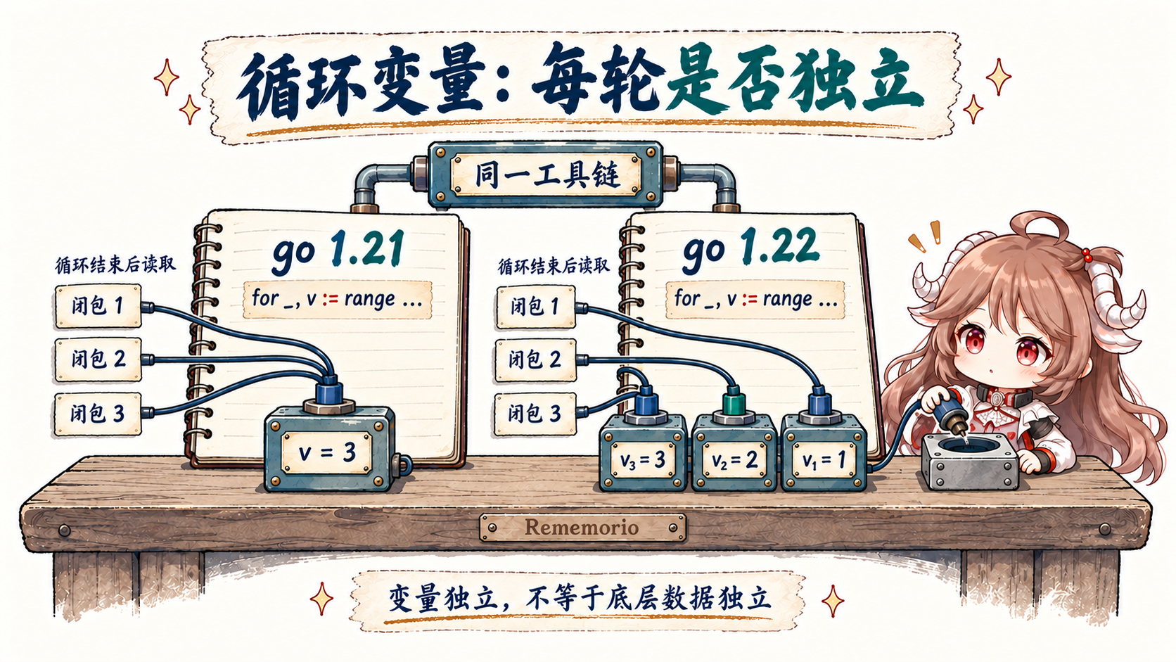 同一工具链下,go 1.21 模块的三个闭包读取同一个 v=3;go 1.22 模块中 := 使各闭包分别读取 v1=1、v2=2、v3=3;变量独立不等于底层数据独立