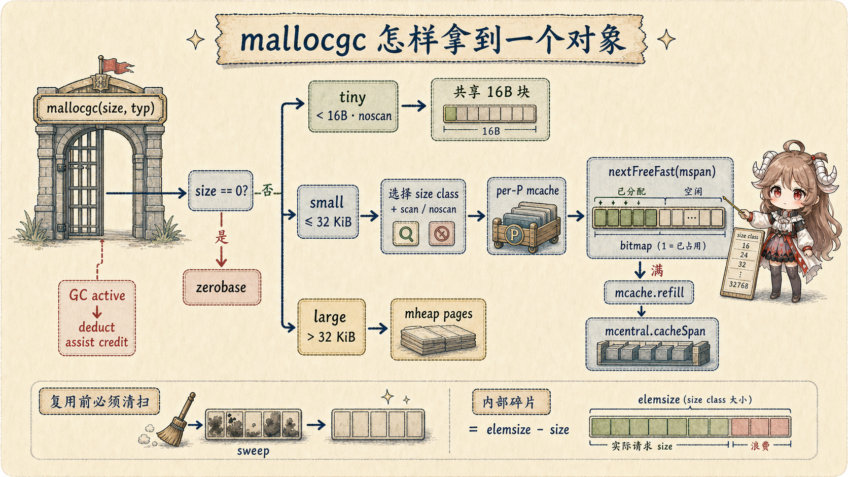 Go mallocgc 分配路径:零大小到 zerobase,tiny noscan 对象共享十六字节块,小对象按 scan 或 noscan size class 从 per-P mcache 的 mspan 取空闲 slot,满后 refill 到 mcentral,大对象从 mheap pages 分配