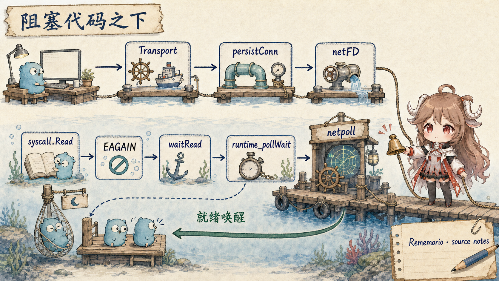 Go 出站 HTTP 到 netpoll 的源码路径图：Transport 经 persistConn 和 netFD 到 syscall.Read；EAGAIN 后进入 waitRead 与 runtime_pollWait，goroutine 停放，netpoll 收到就绪事件后将其唤醒为 runnable