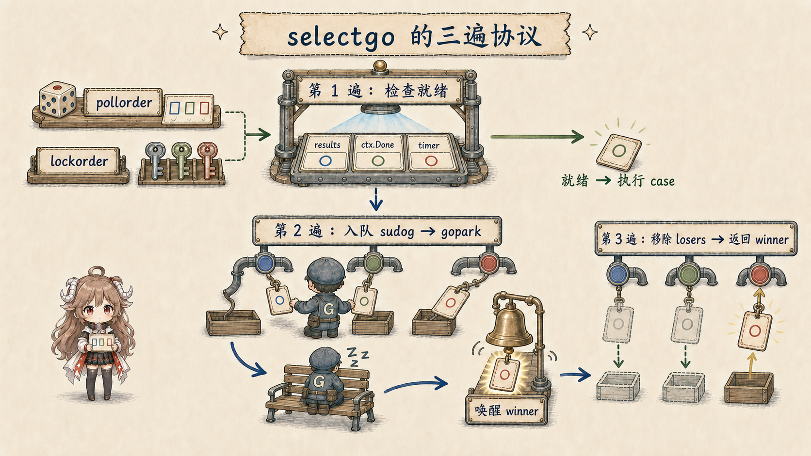 Go selectgo 三遍协议：准备随机 pollorder 和按 hchan 地址排序的 lockorder；第一遍找 ready case；无 ready 时第二遍为一个 G 在每个 channel 入队 sudog 并 gopark；一个 case 唤醒成为 winner 后，第三遍移除 losers 并释放 sudog