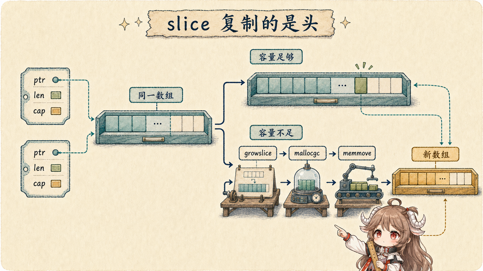 slice 复制与 append 所有权图：两个 ptr len cap 头指向同一数组；容量足够时 append 继续使用同一数组，容量不足时 growslice 经 mallocgc 和 memmove 生成新数组
