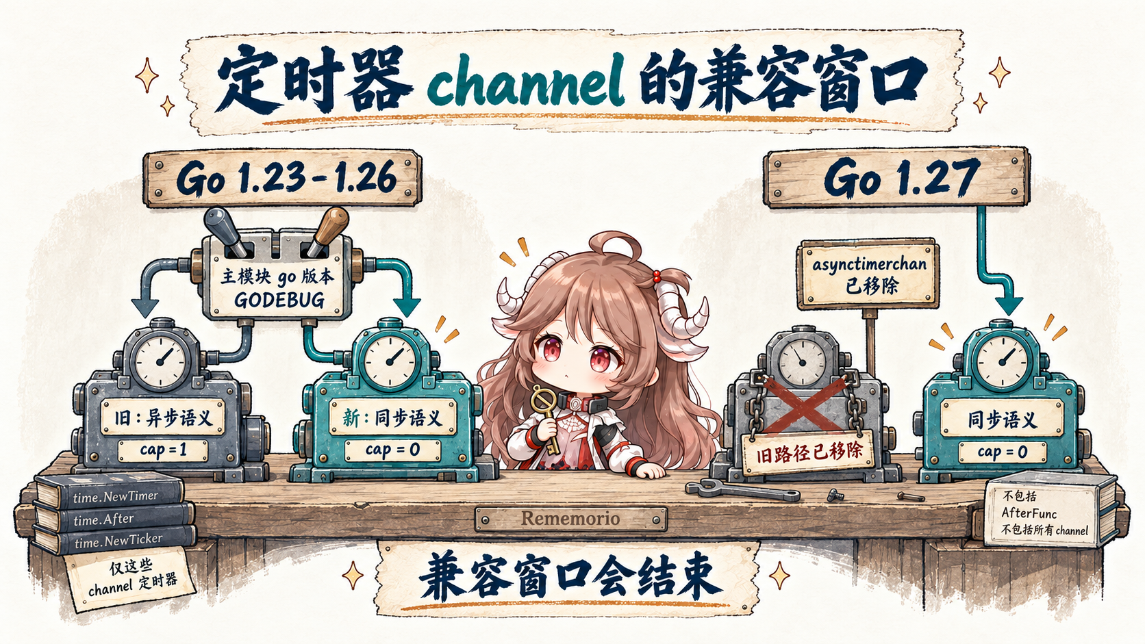 Timer 兼容窗口:Go 1.23 至 1.26 按主模块 go 版本与 GODEBUG 选择旧异步或新同步语义;1.27 移除旧路径,只保留同步 timer channel;不包括 AfterFunc 或所有 channel