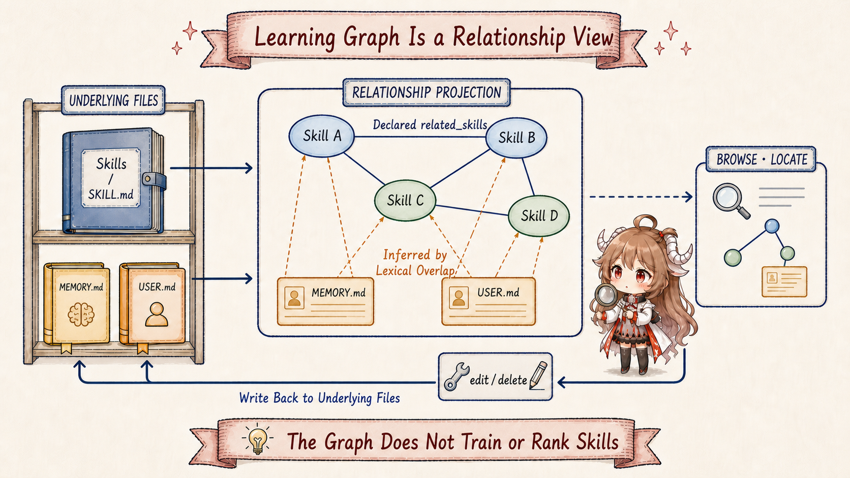 Learning Graph projects nodes and relationships from Skills, MEMORY.md, and USER.md; edit and delete operations write back to the underlying files, while the graph itself neither trains nor ranks Skills