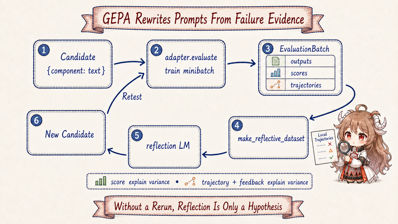 GEPA runs a candidate prompt on a minibatch, reads traces and feedback, reflects on failures, proposes new candidates, and maintains a Pareto candidate pool