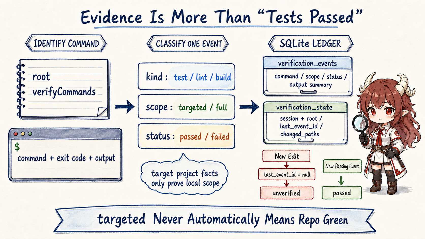 Project facts and terminal results are classified by kind, scope, and status, then written to verification_events and verification_state; a new edit clears last_event_id and a new passing event restores passed