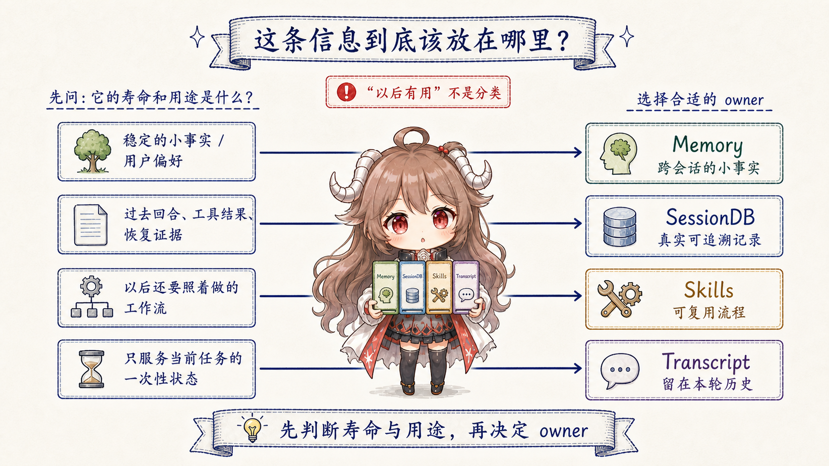 Hermes 信息放置决策图，展示 Fact、Past turn、Workflow 和 Task state 分别进入 Memory、SessionDB、Skill 或 Transcript