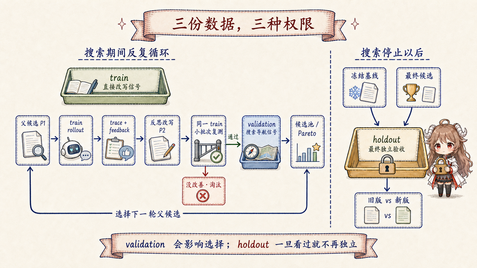 train rollout 与失败反馈产生候选，validation 分数更新候选池和下一轮父候选，搜索停止后才用 holdout 比较冻结基线与最终候选