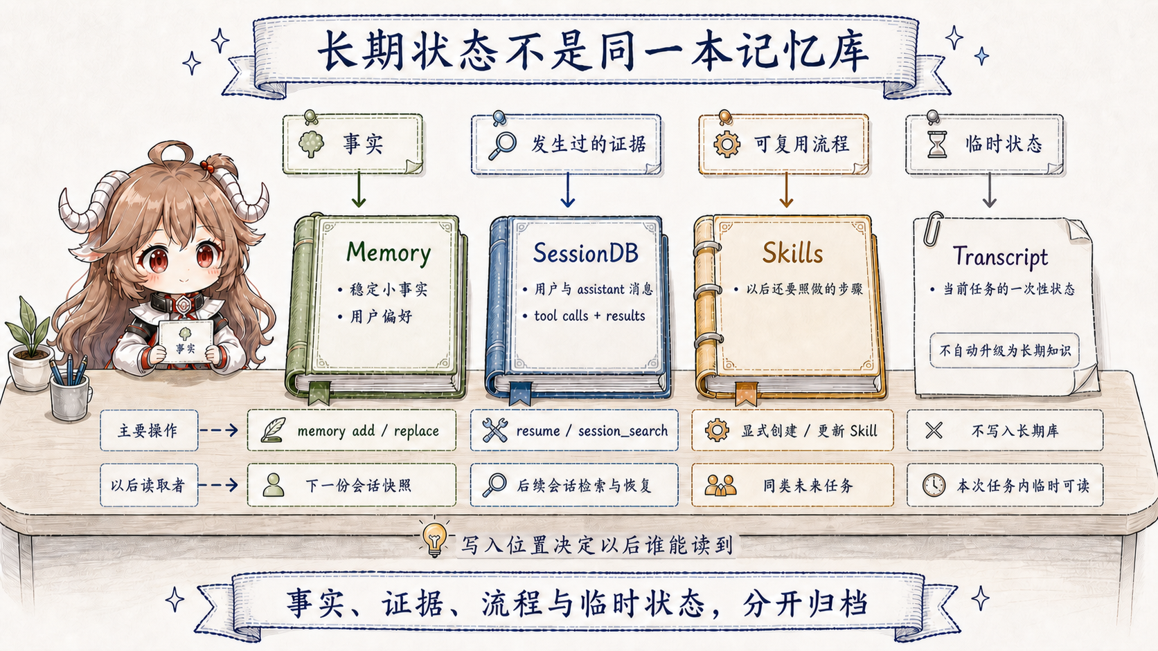 Hermes 长期状态账本图，展示 Memory 保存小事实、SessionDB 保存真实证据、Skills 保存可复用流程，一次性状态只留在 transcript