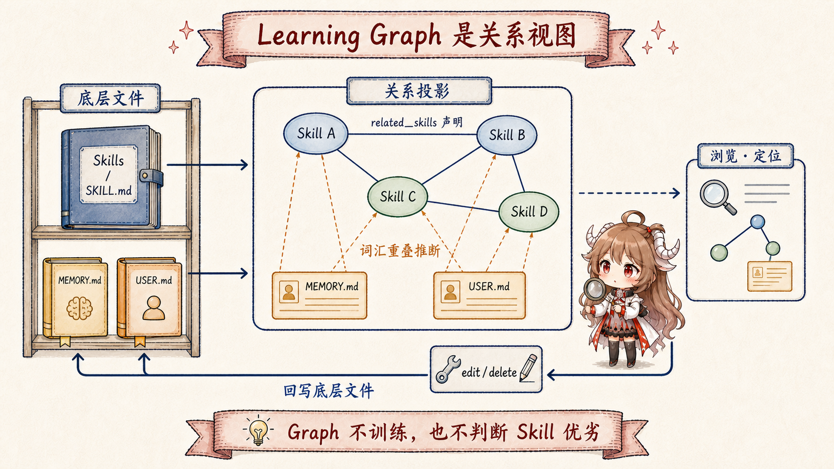 Learning Graph 从 Skills、MEMORY.md 与 USER.md 投影节点和关系，浏览后通过 edit 或 delete 回写底层文件；图本身不训练也不判断 Skill 优劣
