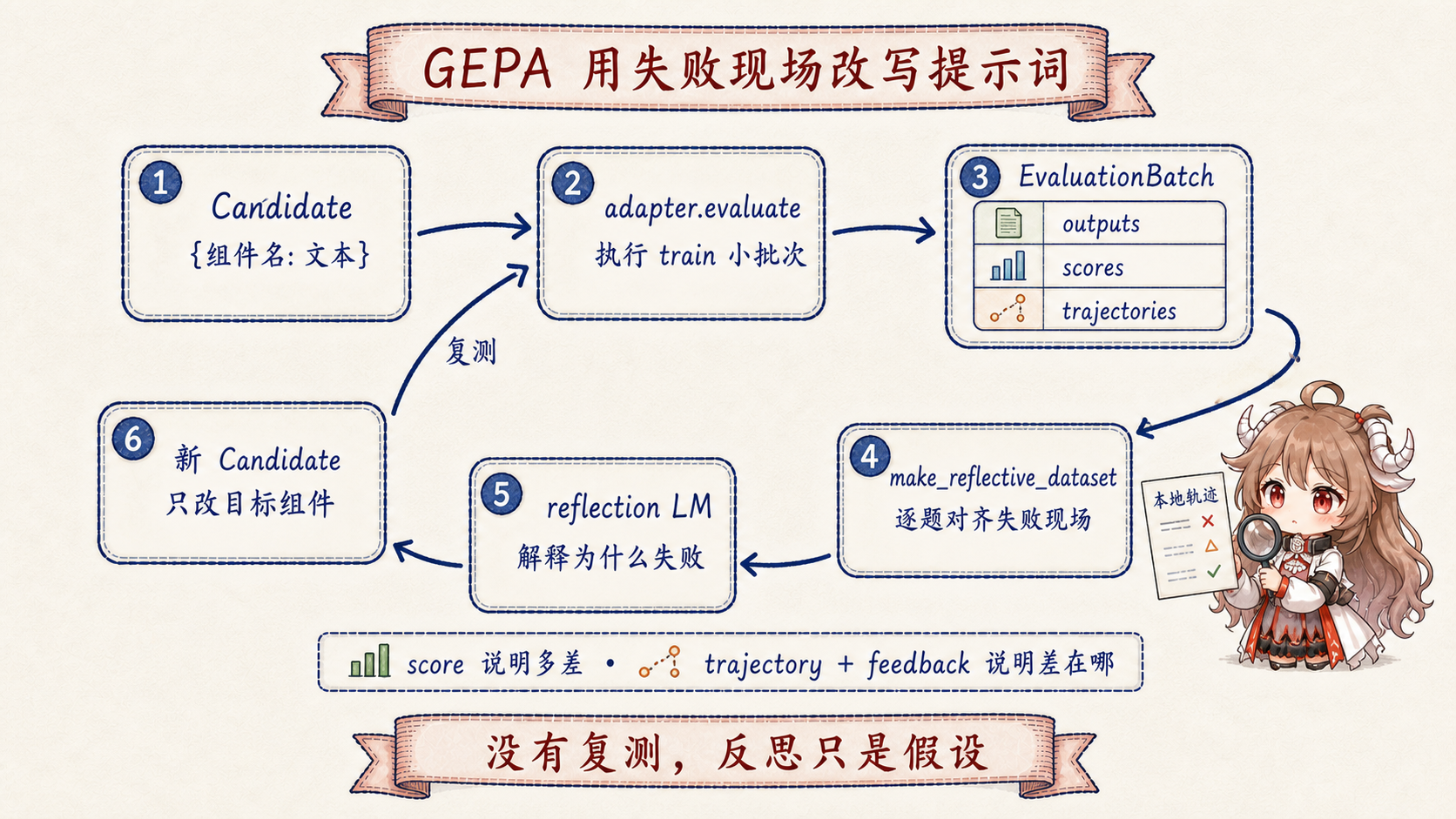 GEPA 从候选提示词出发执行小批量任务，读取轨迹与反馈，反思失败原因，生成新候选并放入帕累托候选池